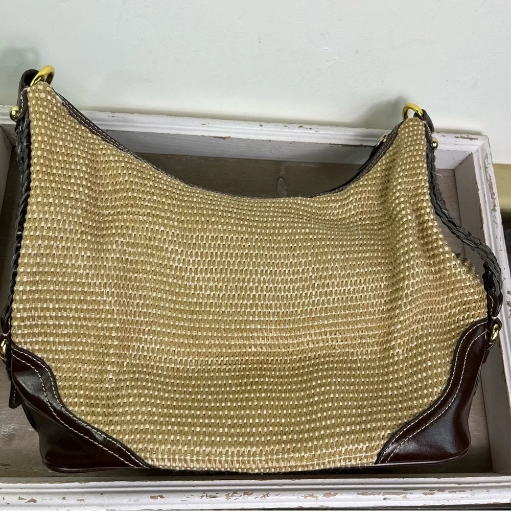 Giani Bernini Woven Hobo Bag Straw Brown Trim Gold Hardware Shoulder Tote